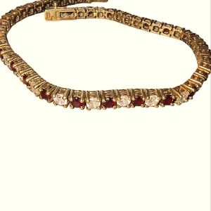 Vintage Red CZ & Gold Vermeil 925 Sterling Silver Tennis Bracelet